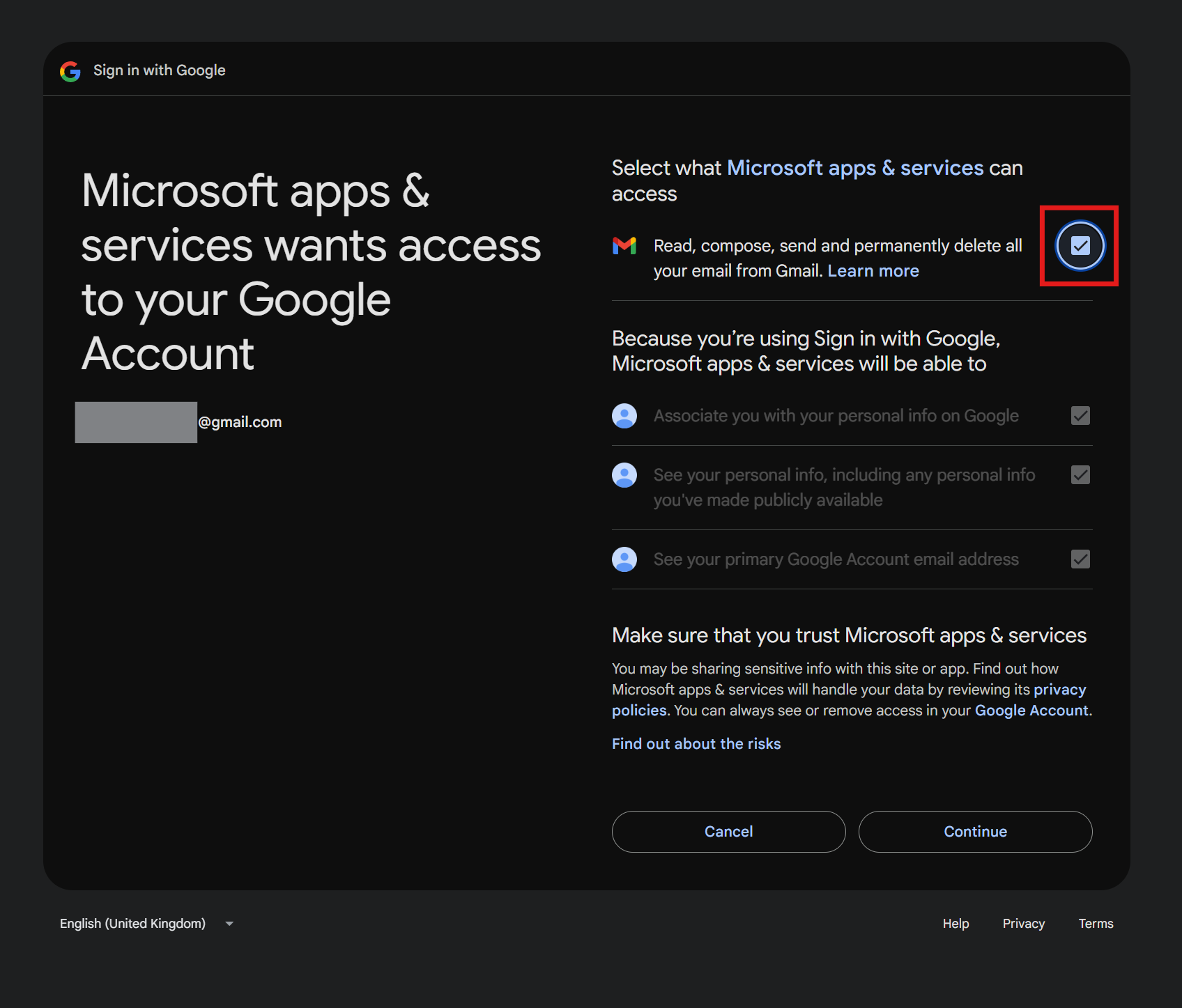 Google permissions screen showing required email checkbox