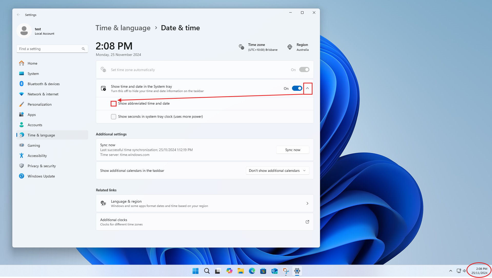 Windows 11 Settings Time and Language Date and Time Show time and date in the System tray unchecked Show abbreviated time and date.png
