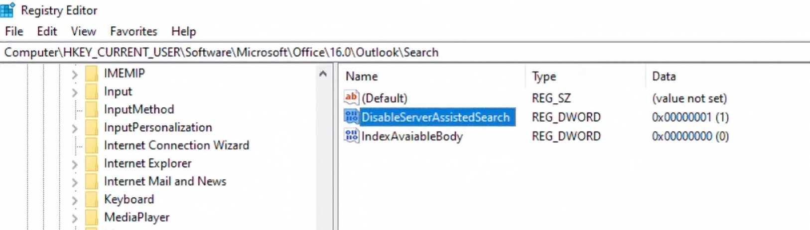 registry fix for slow outlook searches DisableServerAssistedSearch.png