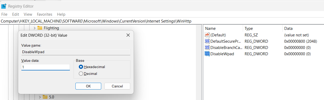Disable WPAD in WinHTTP