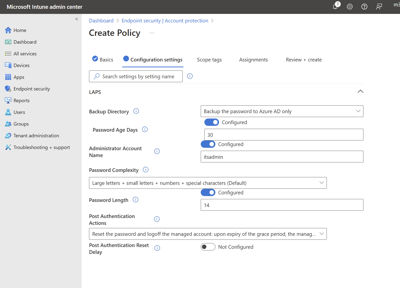 Screenshot of Microsoft Intune admin center showing the 'Create Policy' page with LAPS configuration settings, including Backup Directory, Password Age Days, Administrator Account Name, Password Complexity, Password Length, Post Authentication Actions, and Post Authentication Reset Delay.
