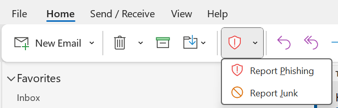 Screenshot of the Outlook Report menu showing options to report phishing or junk