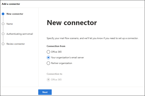 Screenshot of New Connector page options in Exchange Admin Center