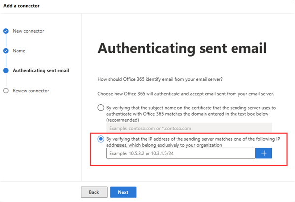 Screenshot of Authenticating Sent Email page with IP address option selected