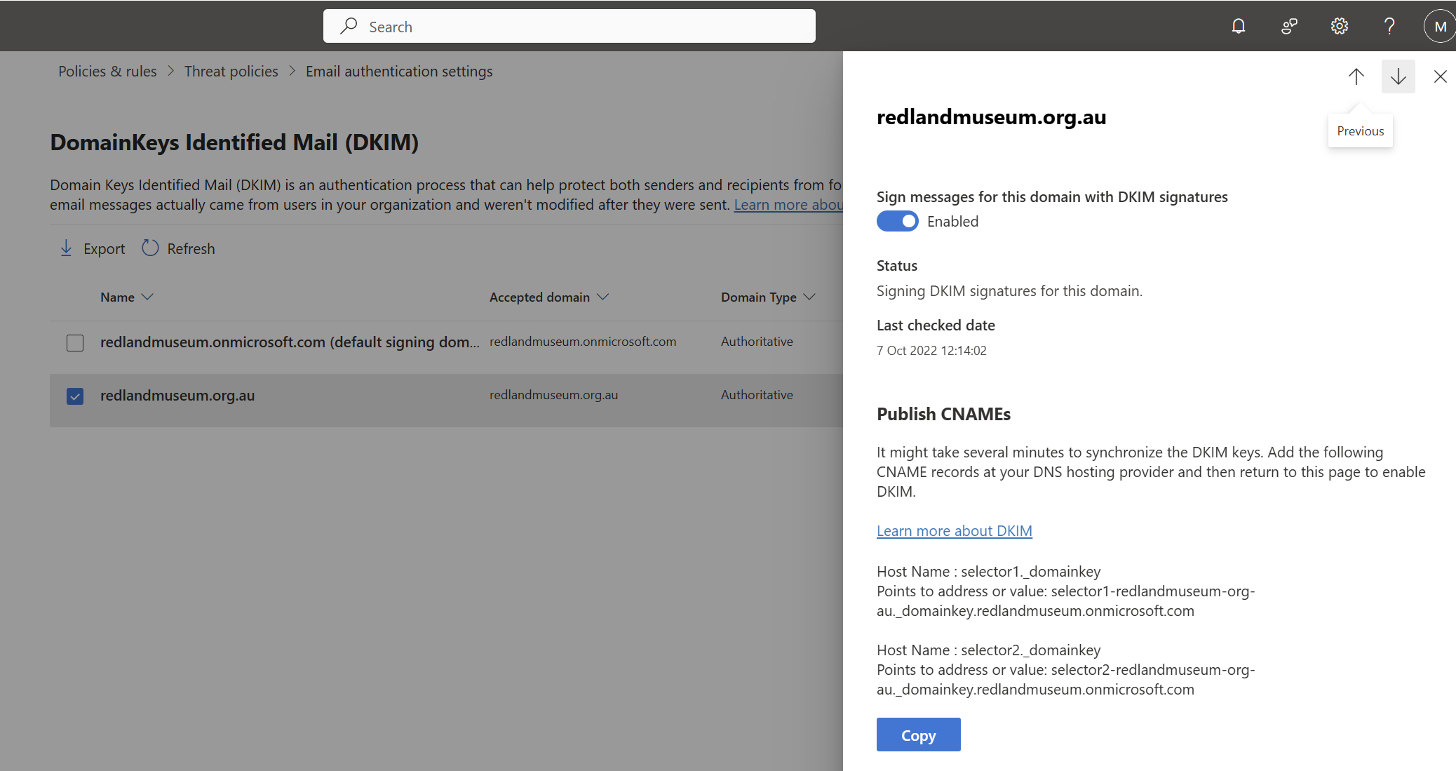 Screenshot of DKIM settings in Microsoft 365 Defender portal.png