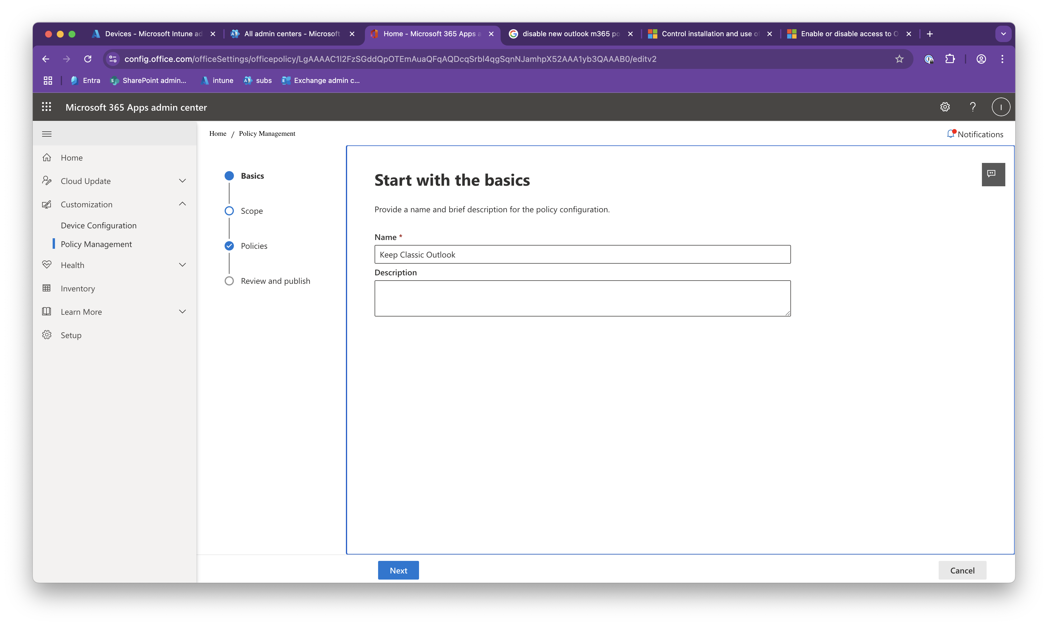 Screenshot of the Policy Management page with the Basics step selected and name field filled