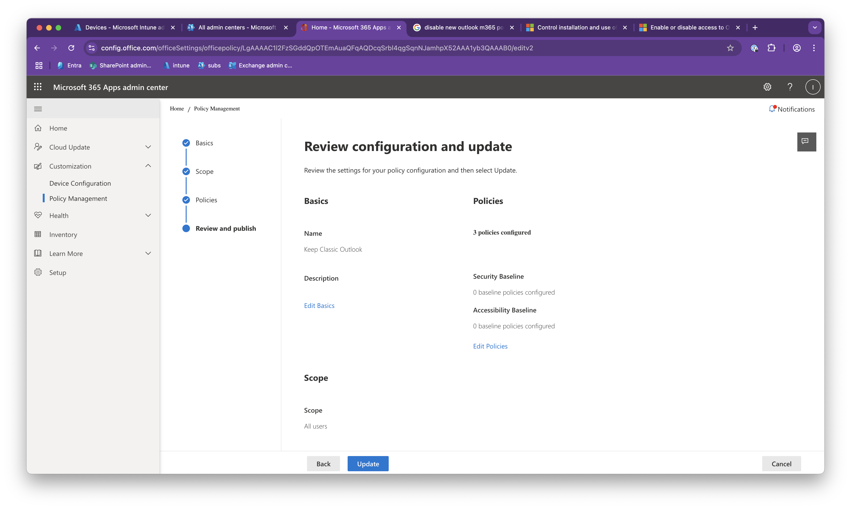 Screenshot of the Review and publish step with configured policies and Update button.png