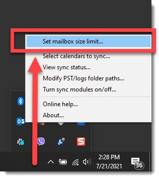 screenshot of context menu for google workspace sync for microsoft outlook icon in system tray.png