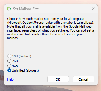screenshot of Set Mailbox Size window for google workspace sync for microsoft outlook.png