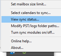 screenshot of View Sync Status item in context menu for google workspace sync for microsoft outlook icon in system tray.png
