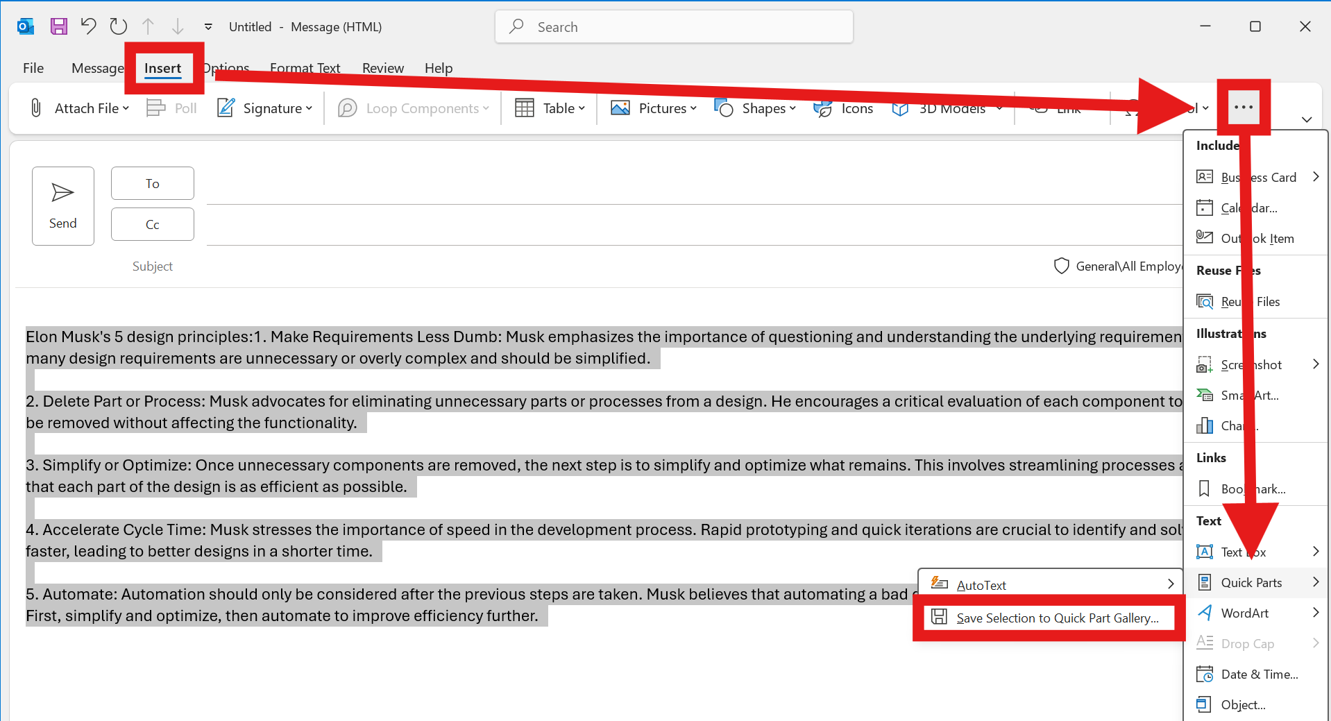 Screenshot showing the 'Save Selection to Quick Parts Gallery' option in Outlook