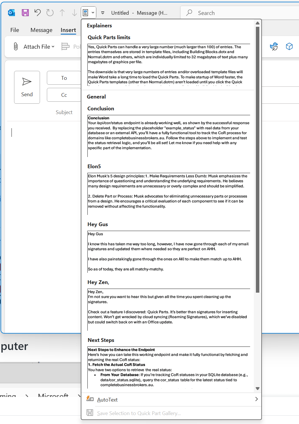 Outlook email window with Insert tab open, showing Quick Parts menu and a list of design principles in the email body