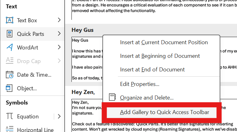 Microsoft Word interface with Insert tab open, highlighting 'Add Gallery to Quick Access Toolbar' in Quick Parts menu