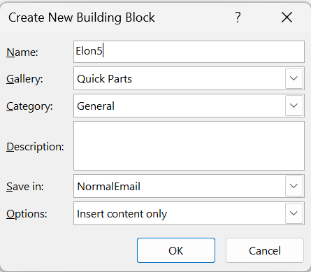 Dialog box titled 'Create New Building Block' in Outlook, with fields for Name, Gallery, Category, Description, Save in, and Options
