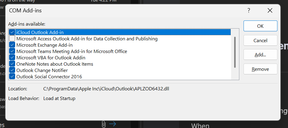 Screenshot of the COM Add-ins dialog in Outlook, with the iCloud Outlook Add-in highlighted.
