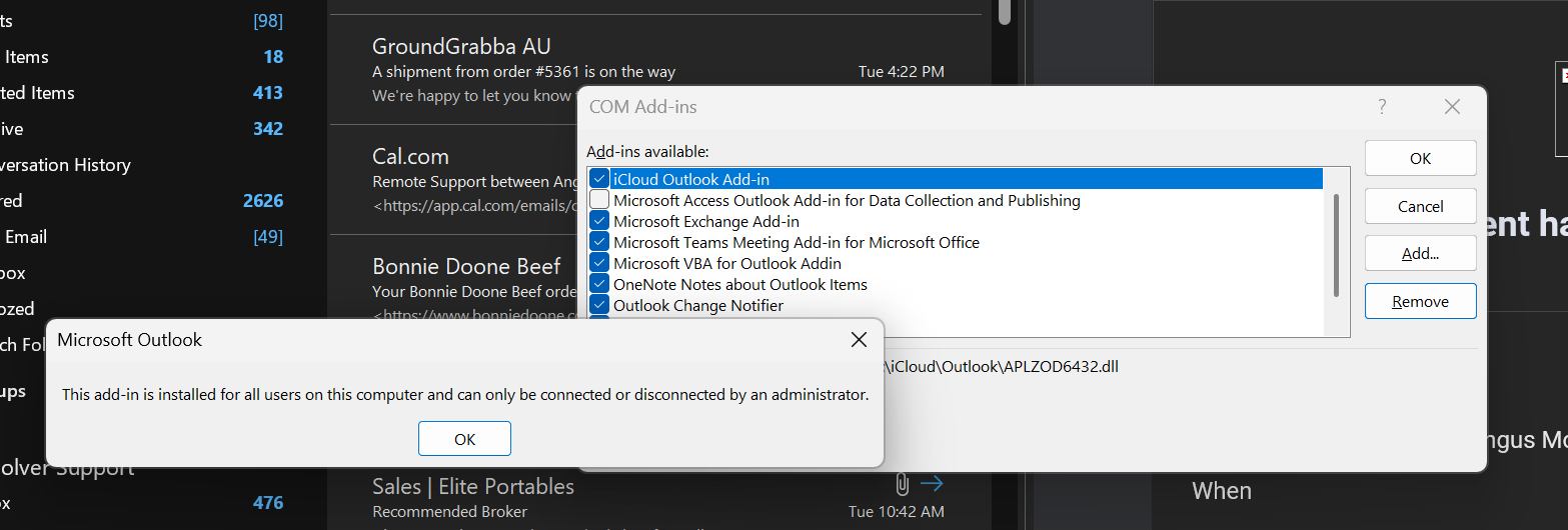 Screenshot of the Microsoft Outlook error: This add-in is installed for all users on this computer and can only be connected or disconnected by an administrator.