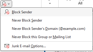 Outlook Junk menu options in the Delete section of the ribbon.