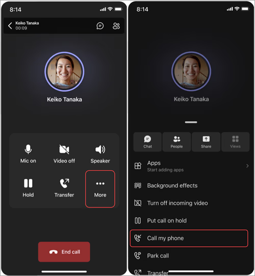 Screenshot showing steps to move call from Teams Phone Mobile to cell phone.webp
